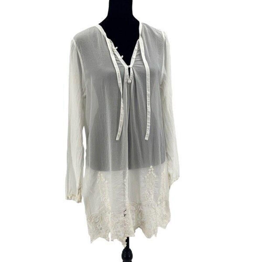Johnny Was Womens Sheer Long Sleeve Cupra Rayon Lace Hem Tunic White Medium